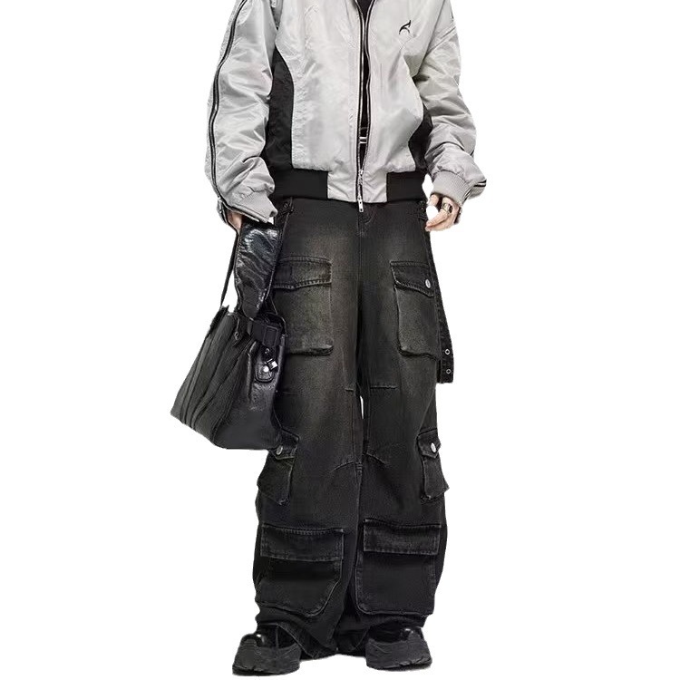 Cross-border multi-Bolsillo retro estilo de Hong Kong jeans apenados sueltos trapeador de pierna ancha adelgazante pierna ancha pantalones americanos de hip hop