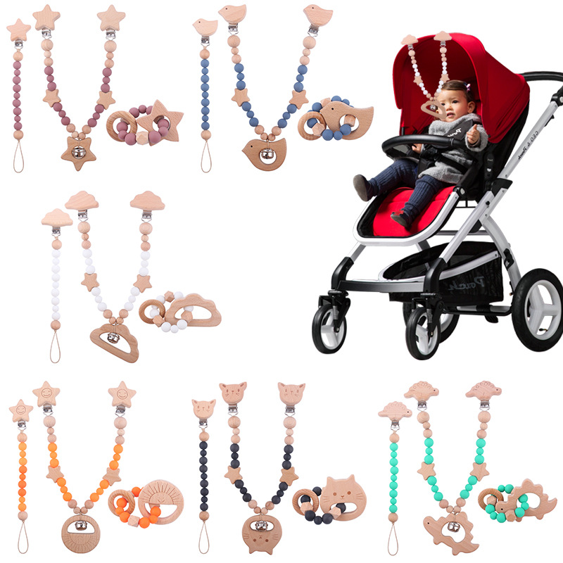 Nuevo bebé de dibujos animados de haya animal chupete clip calmante bebé mordida chupete cadena coche colgando mordedor conjunto de tres piezas