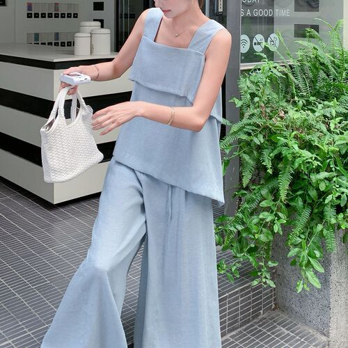 Blue Soft Tone Outfit Lightweight Top Set Women's Summer New Casual Wide Leg Pants Elegant and Graceful Two-Piece Set