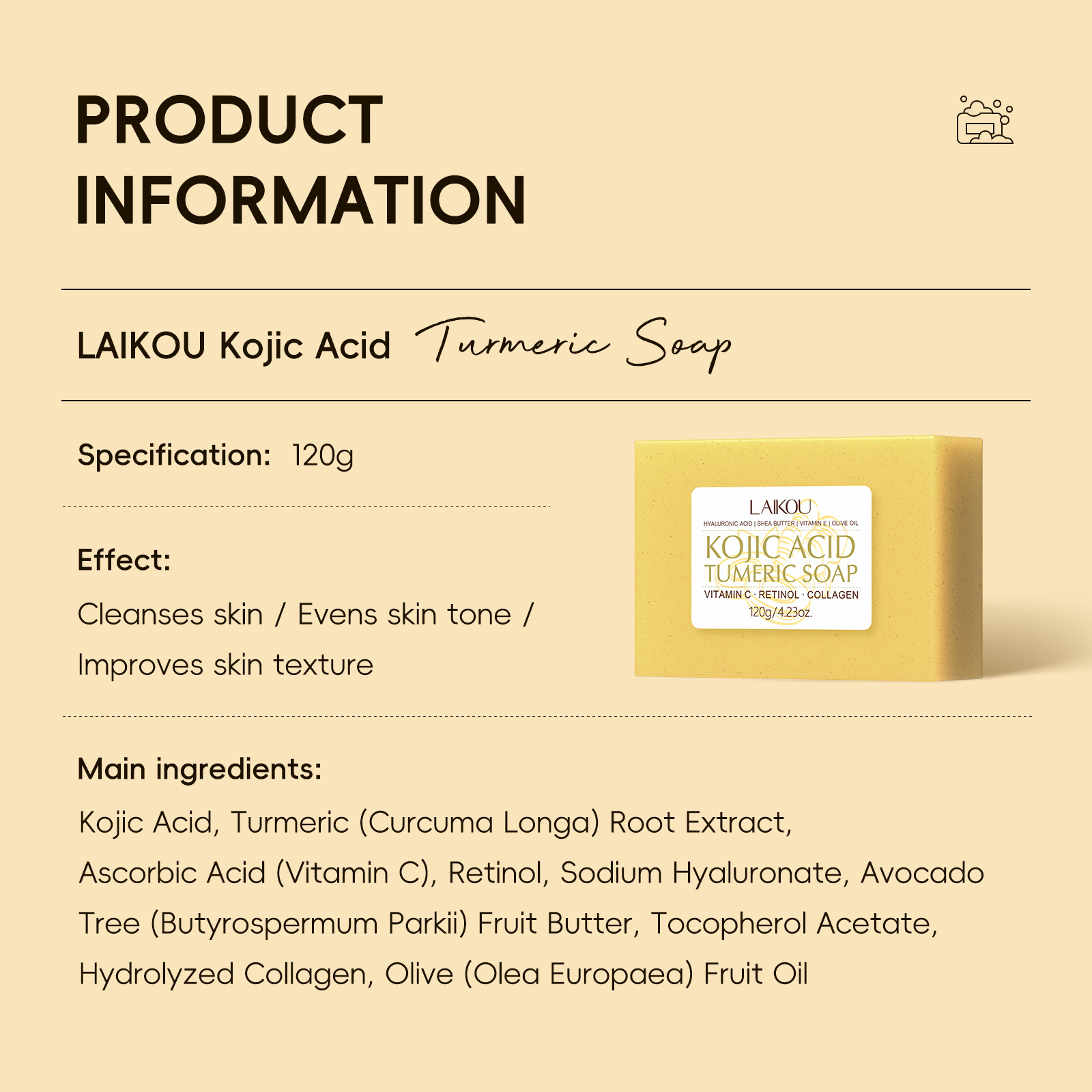 Cross-border new product LAIKOU Curic Acid Turmeric Soap 120g for cleansing facial skin and brightening complexion. Wholesale of facial soap undefined