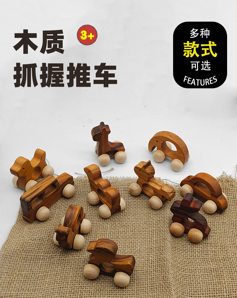 Solid Wood Push Toy with Natural Finish, Eco-Friendly Water-Based Paint, Safe for Baby Teething, Multiple Styles Available, Gift-Suitable