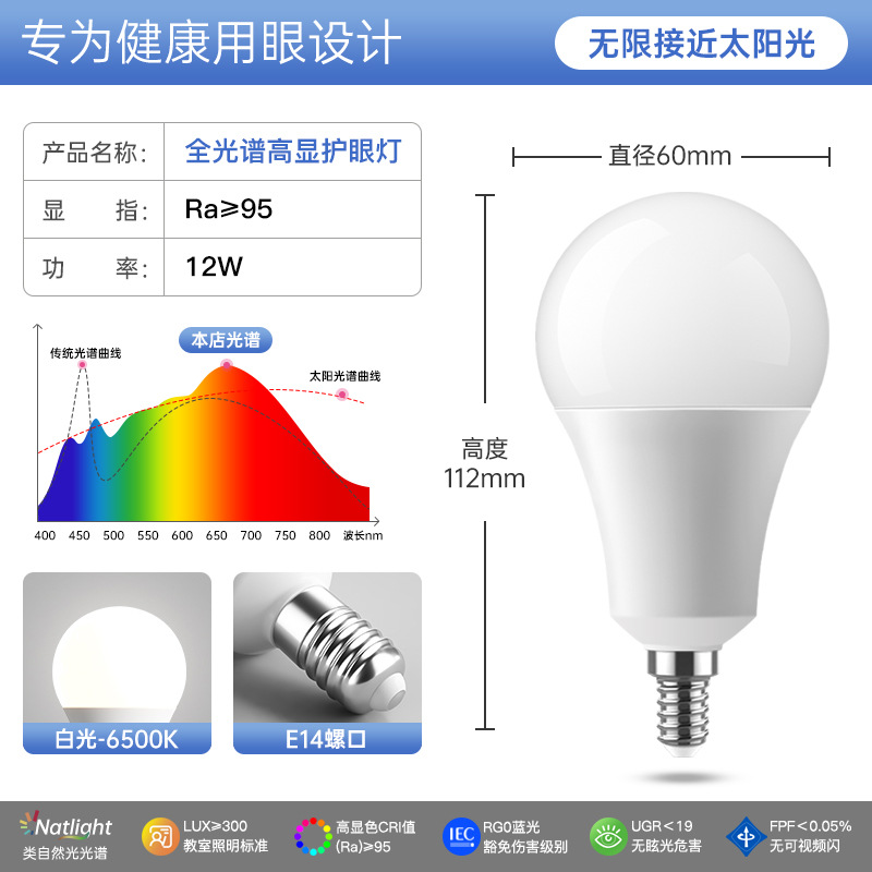 Bombilla led de espectro completo, pantalla alta, una lámpara de bombilla de aluminio recubierta de espuma, protección ocular e27e14, lámpara de ahorro de energía de iluminación para el hogar de boca de tornillo