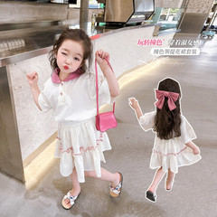 女童撞色領提花套裝2024夏季新款洋氣時尚中小兒童裝女甜美兩件套