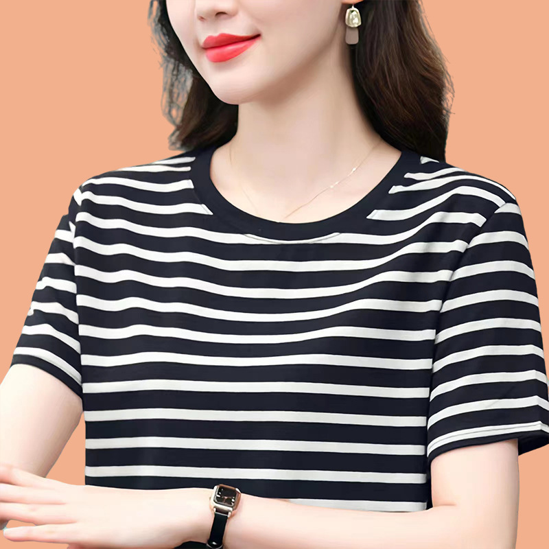 chubby girl Summer Loose plus size Women's Clothing 2025 New Cotton Short Sleeve T-Shirt Fashion Round Neck Striped Women's Top chubby girl Summer Loose plus size Women's Clothing 2025 New Cotton Short Sleeve T-Shirt Fashion Round Neck Striped Women's Top