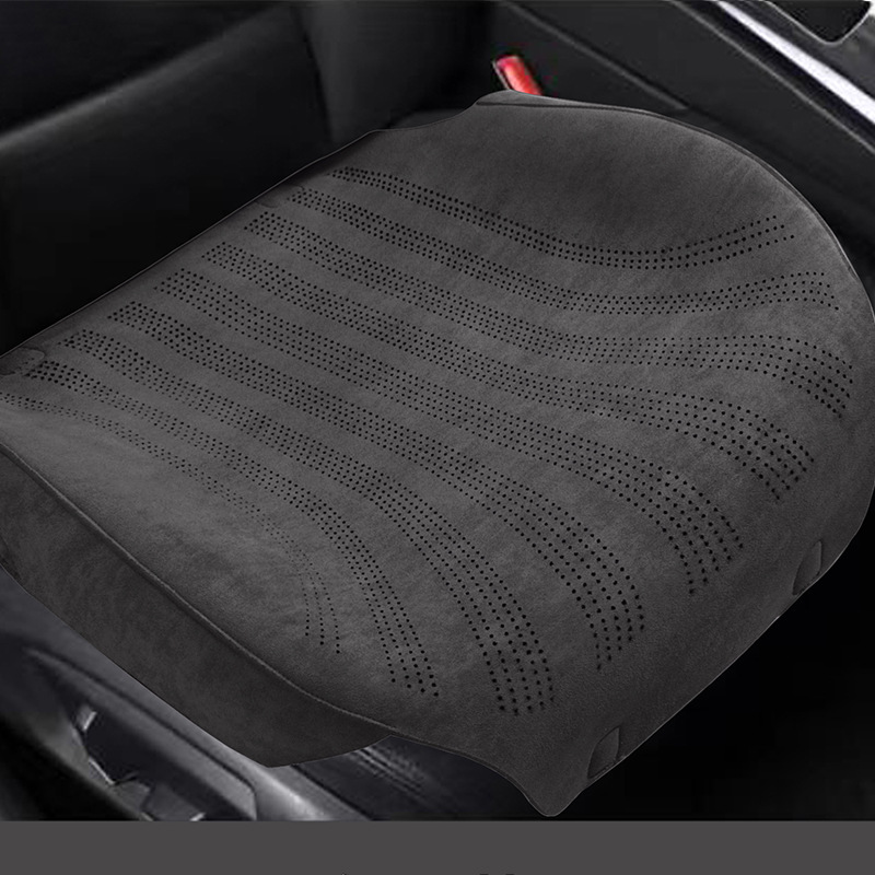 Universal New Car Seat Cushion Suede Perforated Breathable Three-Piece Set (Seat cushion, seat cover) - classic-black-square-cushion-2-pieces