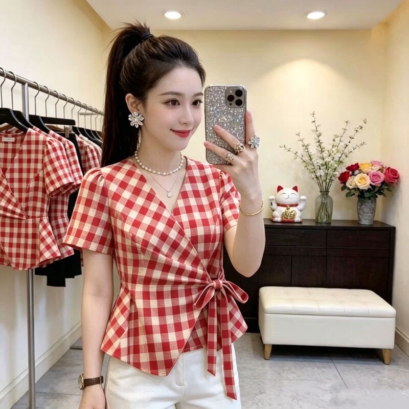 Retro Red Plaid Short-Sleeved Shirt for Women, Summer Waist-Cinching Design, Niche Style with Tie-Up Irregular Puff Sleeves Retro Red Plaid Short-Sleeved Shirt for Women, Summer Waist-Cinching Design, Niche Style with Tie-Up Irregular Puff Sleeves