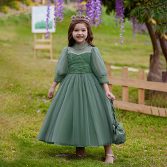 亞馬遜新款泡泡袖網紗長裙兒童禮服女童公主裙子長袖蓬蓬裙演出服