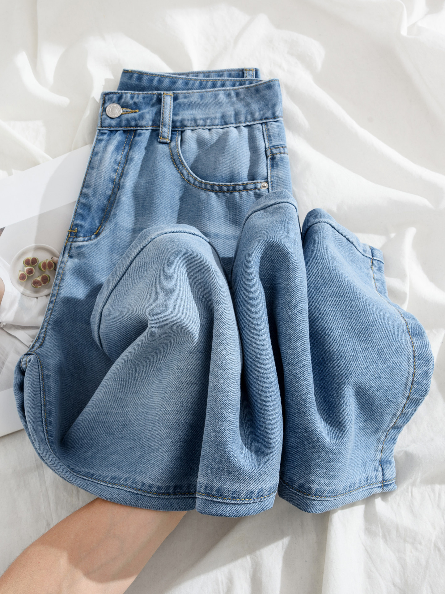 Quần jean ống rộng nữ cạp cao vải lụa mỏng mùa hè — Vintage màu xanh mở rộng