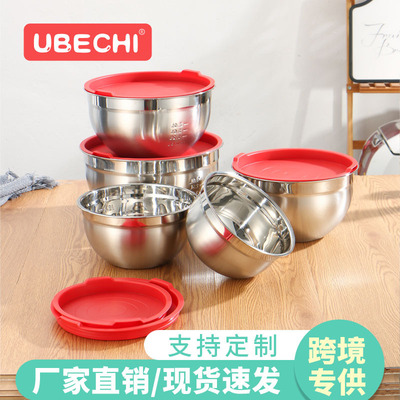 跨境不鏽鋼圓形沙拉盆家用打蛋盆矽膠加厚防濺蓋帶刻度歐式烘焙碗