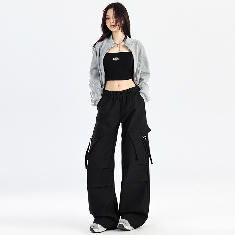 黑色多口袋工装裤女2025年秋季新款高腰宽松直筒松紧腰阔腿休闲裤|undefined