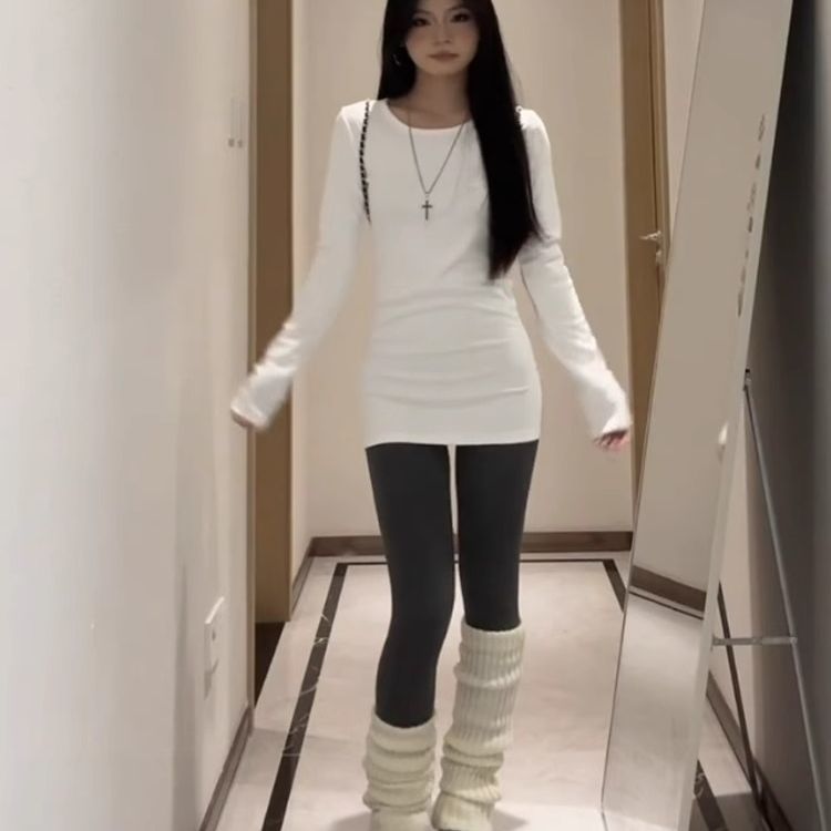 纯棉中长款长袖t恤女叠穿新款春秋冬内搭外穿打底衫修身辣妹上衣|undefined