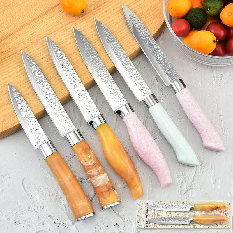 Fábrica al por mayor forja espejo ligero multiusos cuchillo de fruta de dos piezas mango de plástico de color cuchillo de pelar tarjeta de succión embalaje