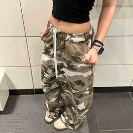 美式复古慵懒风抽绳迷彩工装裤男女宽松显瘦阔腿百搭休闲长裤ins
