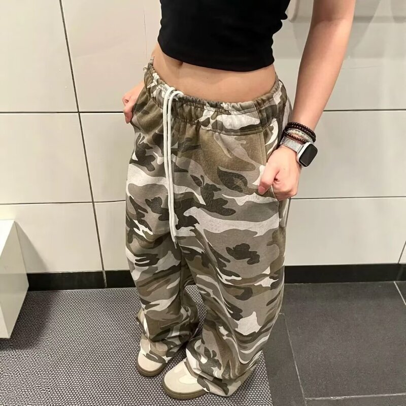 American retro casual drawstring camouflage cargo pants for men and women, loose fit, slimming, wide-leg, versatile casual long pants ins American retro casual drawstring camouflage cargo pants for men and women, loose fit, slimming, wide-leg, versatile casual long pants ins