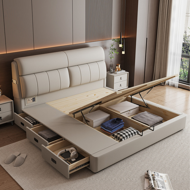 Leather Bed Modern Minimalist Master Bedroom Double Bed 1.8m with Safe Bed Three-Drawer Storage High Box Leather Art Wedding Bed