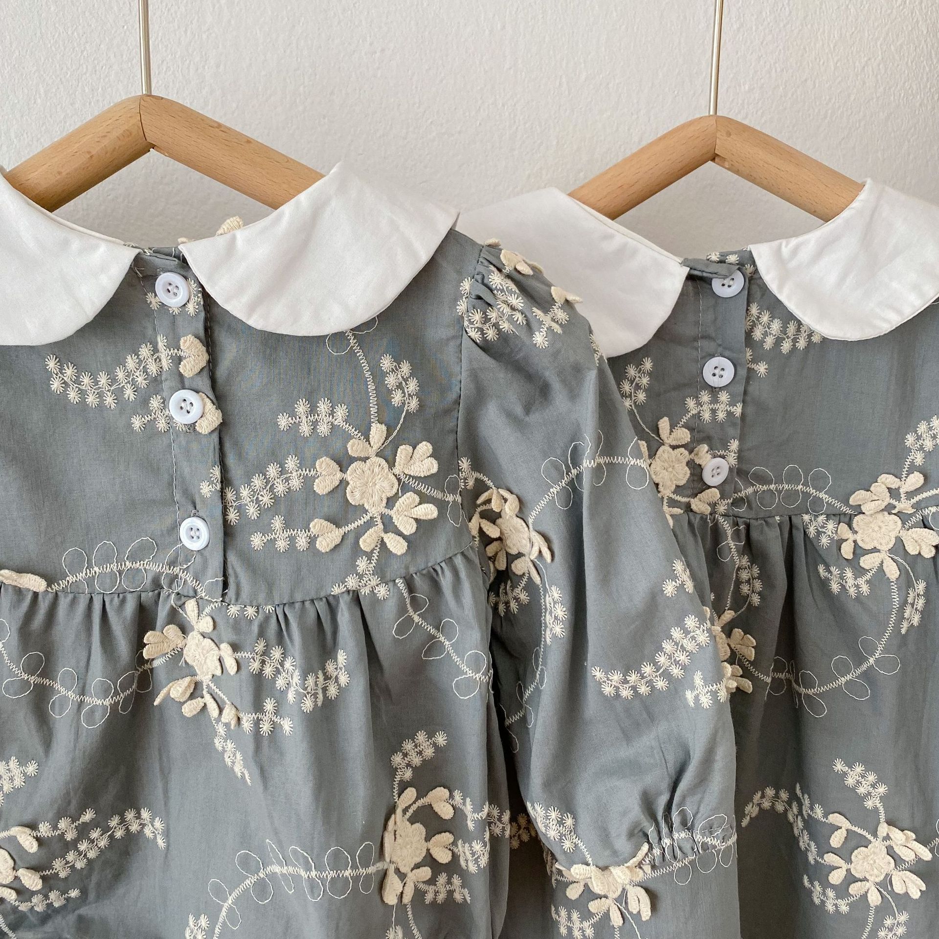 2024 Spring Girls' Long Sleeve Doll Collar Flower Embroidered Skirt+Romper Creeper Bodysuit sisters Dress_voghion.com