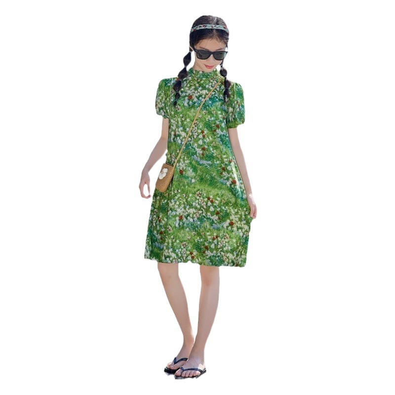 Vestido de verano de las niñas 2024 nuevo vestido de los niños estilo occidental vestido de niña de verano nuevo chino cheongsam vestido ropa de los niños