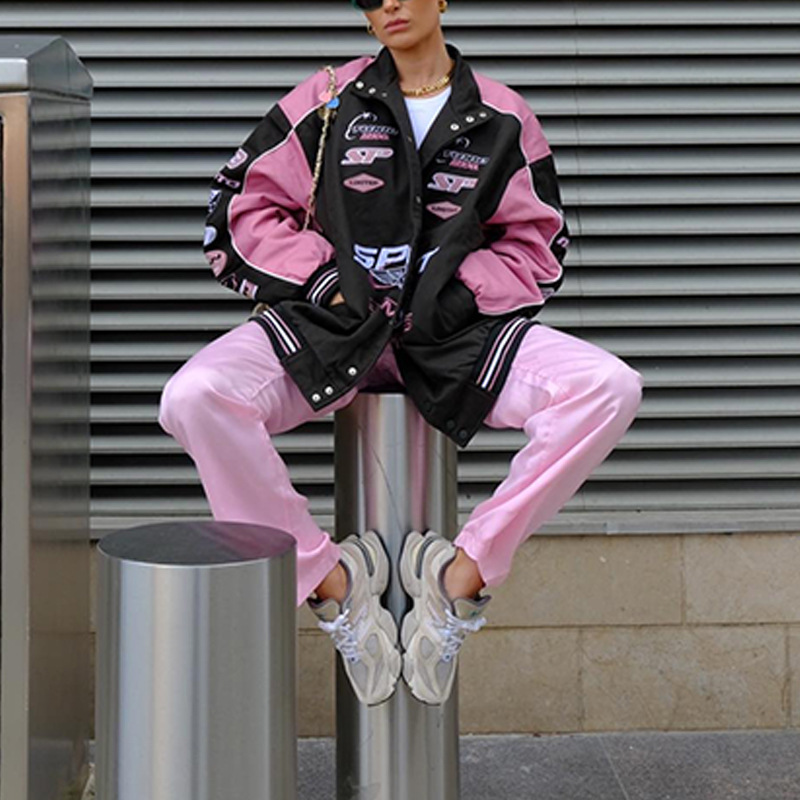2024 Autumn/Winter New Jacket Sports Print Pink Casual Long Sleeve Motorcycle Style Coat_voghion.com