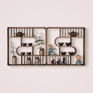 Chinese-Style Solid Wood Display Shelf, Wall-Mounted Tea Rack, Wall-Mounted Multi-Treasure Shelf for Living Room Display