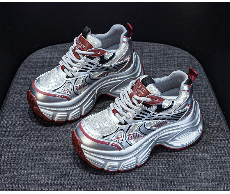 Giày sneaker chunky đế dày độn cao bên trong nữ phong cách thể thao thời trang mùa hè 2025 — M2832 màu đỏ, M2832 màu be, M2832 màu bạc chi tiết 21