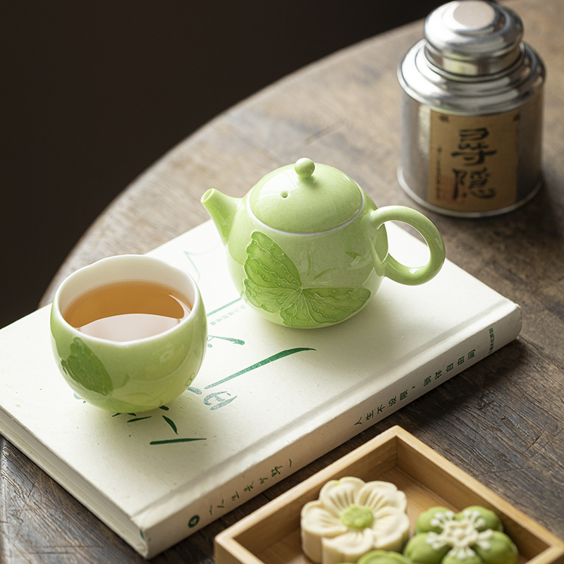 洒绿釉下彩手绘蝴蝶陶瓷文旦壶小号泡茶壶带过滤小清新茶具一人用|undefined