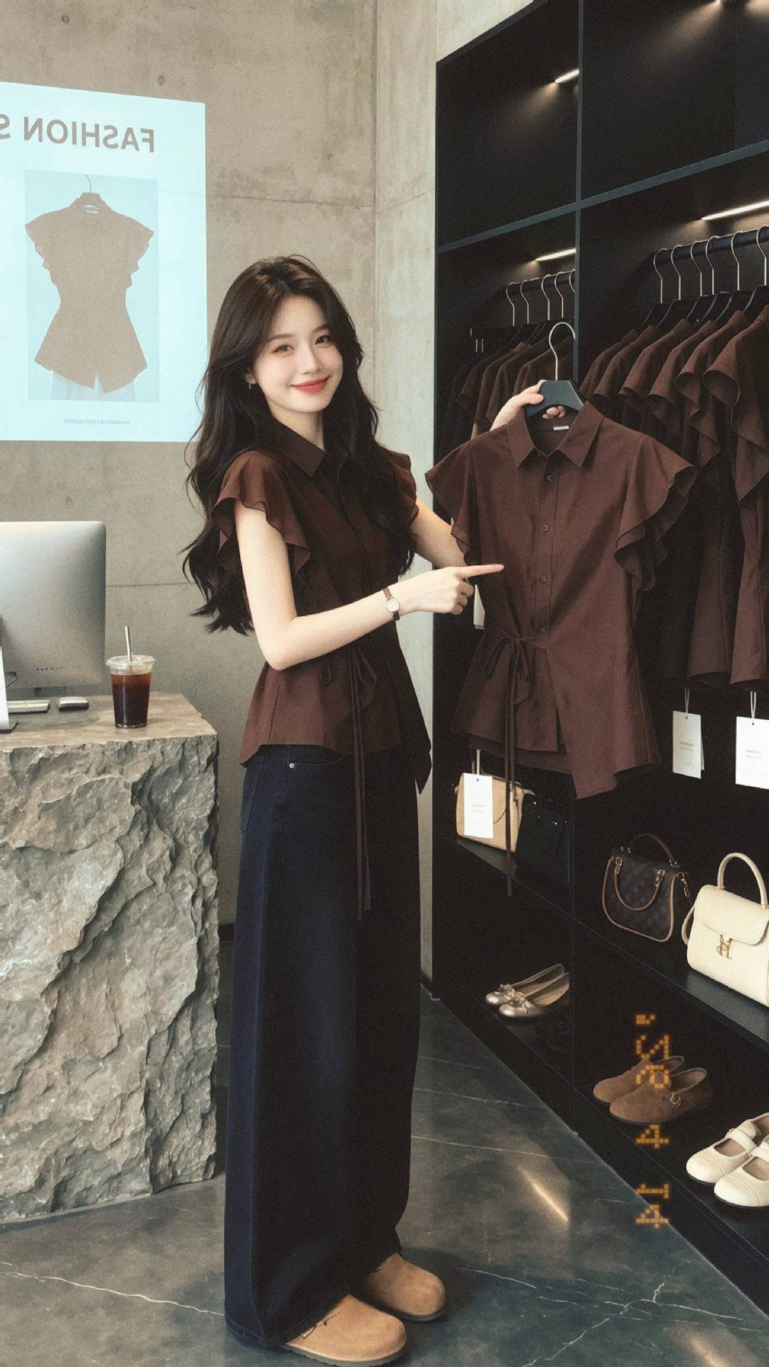 Áo sơ mi ngắn tay nữ màu cà phê, thiết kế thắt lưng eo, phong cách thời thượng — Màu ảnh chi tiết 5