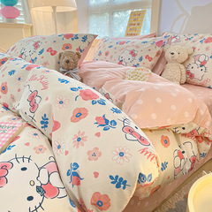 Cute Cartoon Kitty Cat 100% Cotton Four-Piece Set, Adorable Teen Girl Style Bedding Set for 1.5m and 1.8m Beds