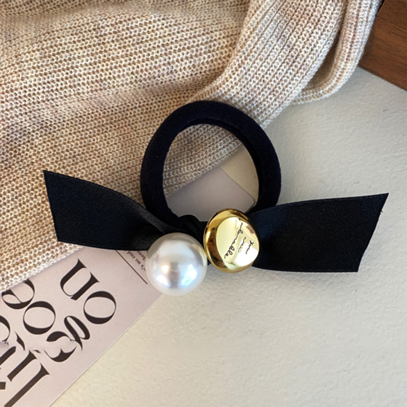 Cuerda para el cabello con lazo negro, banda de goma de cola de caballo de alta calidad femenina, lazo para el cabello duradero de alta elasticidad, tocado de diseño de perlas