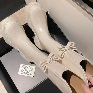 Boots 2024 New Thick Heel but Knee-high Leather Boots Women's Autumn and Winter V-Mouth Thick Bottom Bow Boots