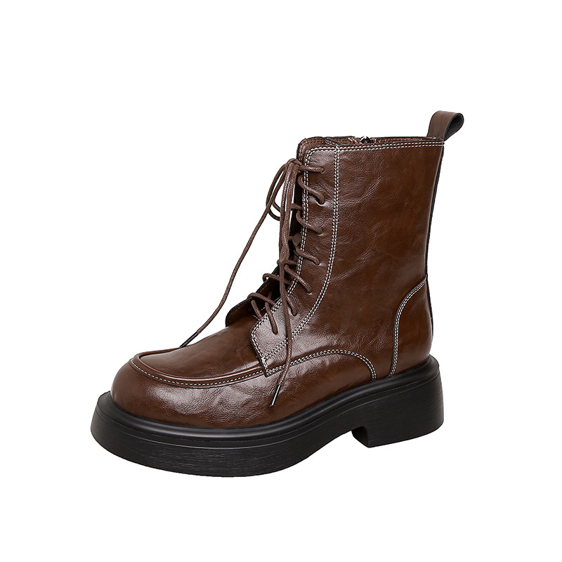 Nuevo estilo de otoño e invierno, botas Martin sicilianas con punta redonda, suela gruesa que aumenta la altura, con cordones y cremallera lateral para mujer