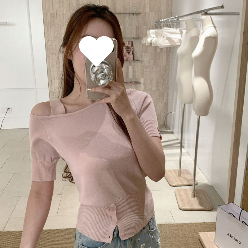 高级感时尚气质韩系氛围感下摆开衩设计露肩小衫女装毛织针织衫|undefined