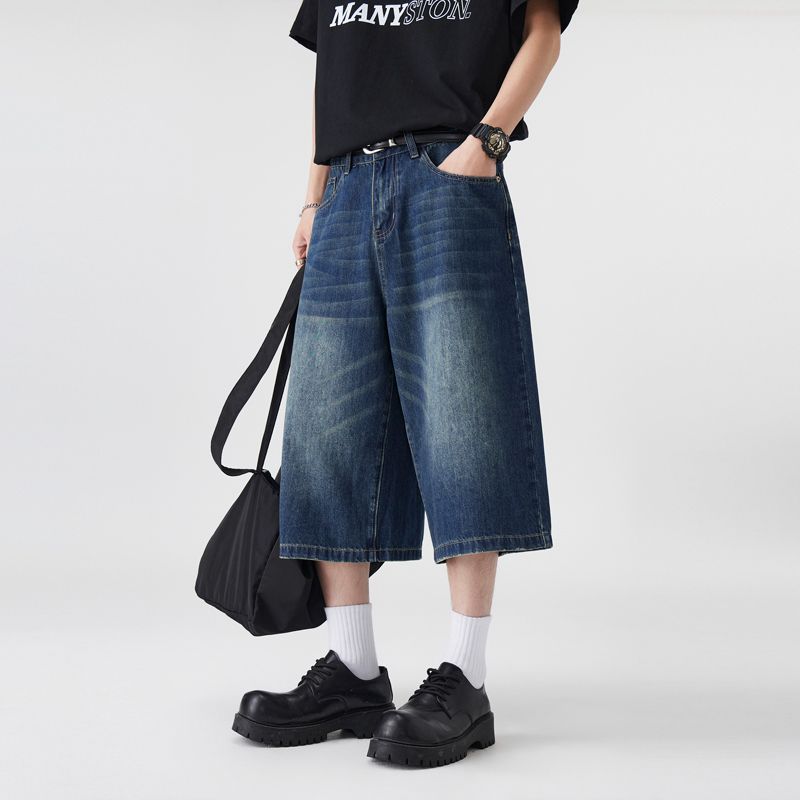 American Style Wide Leg 7-point Jeans Summer Retro Washed Old Straight Denim Pants Men's Shorts Capri Pants Trendy