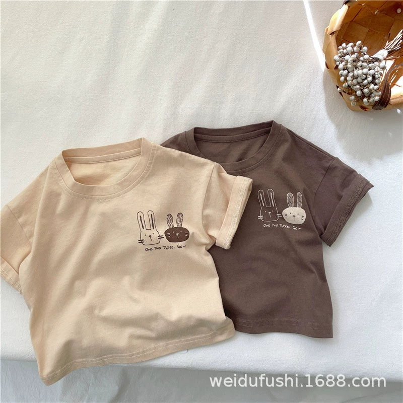 童装宝宝落肩新款简约卡通小兔印花短袖夏季韩版百搭上衣现货代发