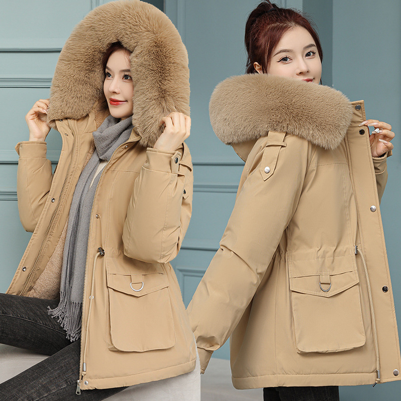 Cross-Border Women's Clothing Fleece-Lined and Thickeneded Jacket Women's Short 2024 Winter New Style Large Fur Collar Slim Slim Cotton Jacket