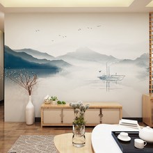 新中式山水画墙纸2023客厅电视背景墙壁纸影视墙布水墨风景壁画8D