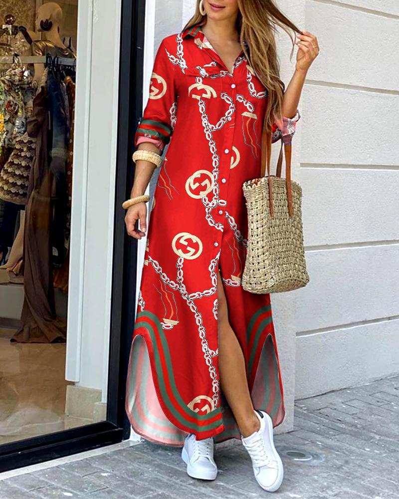 print fashion lapel long shirt dress NSYMR48845