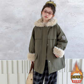女童秋冬派克服新款儿童洋气加绒加厚中长款棉服大童连帽保暖外套