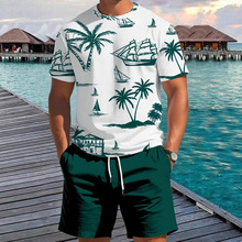 男士印花休闲度假新款夏季海边椰树短袖短裤跨境欧码现货
