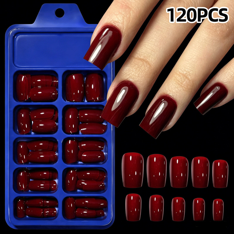 Cross-Border 120-Piece Burgundy High-End Short Square Nail Tips, Bright and Shiny, Reusable Press-On Nails