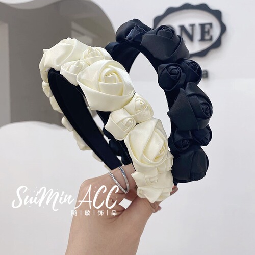 European and American cross-border new three-dimensional flower headband Korean version rose wide-brimmed headband hair hole hair bundle fairy hair accessories for women