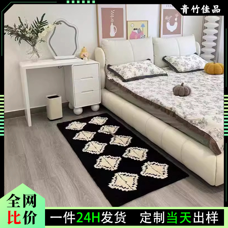 프랑스풍 모조 캐시미어 카펫, 크로스보더 흑백 침실 침대 옆 카펫, 거실 테이블 카펫, 플로킹 바닥 매트, 흡수 매트