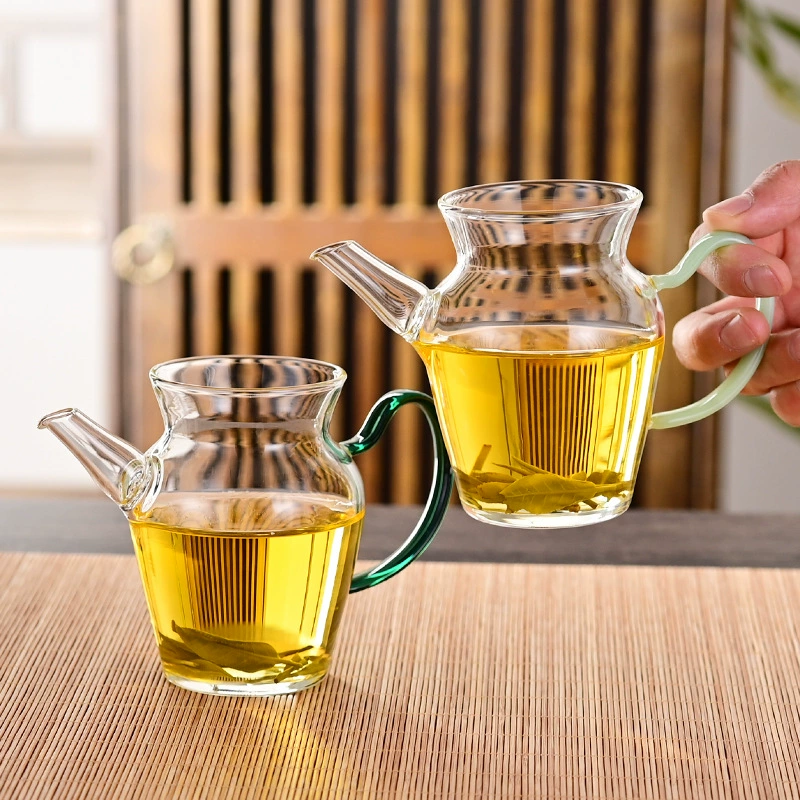 Glass teapot, small flavored tea server with colored handle, compact exquisite design