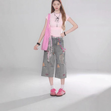 大码女装美式破洞小熊刺绣牛仔裤子女胖mm新款高腰显瘦七分裤子潮