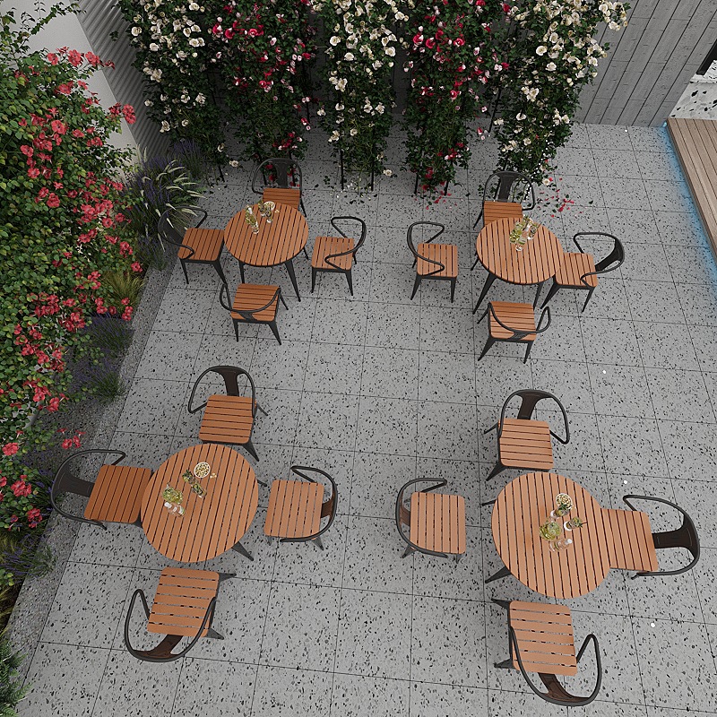Simple de madera de plástico pequeña mesa redonda al aire libre balcón anti-óxido anti-corrosión al aire libre mesa y silla restaurante Hotel Patio comedor puerta mesa y silla