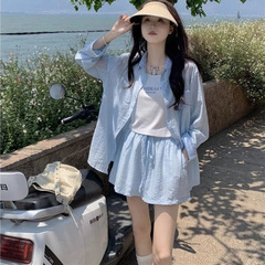 韓国系スーツ女性夏ゆるい日焼け止め長袖シャツアルファベットキャミソール引きひもカジュアルパンツ3点セット