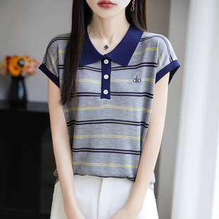 Loose Drapey Short Sleeve T-Shirt with Embroidered Striped Tencel Knit for Women, Summer Thin Top