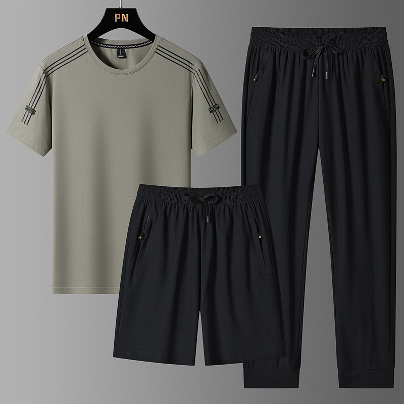 Hombres delgados de tamaño grande juego deportivo de hielo camiseta de cuello redondo suelta secado rápido mangas cortas pantalones cortos 3 piezas al por mayor