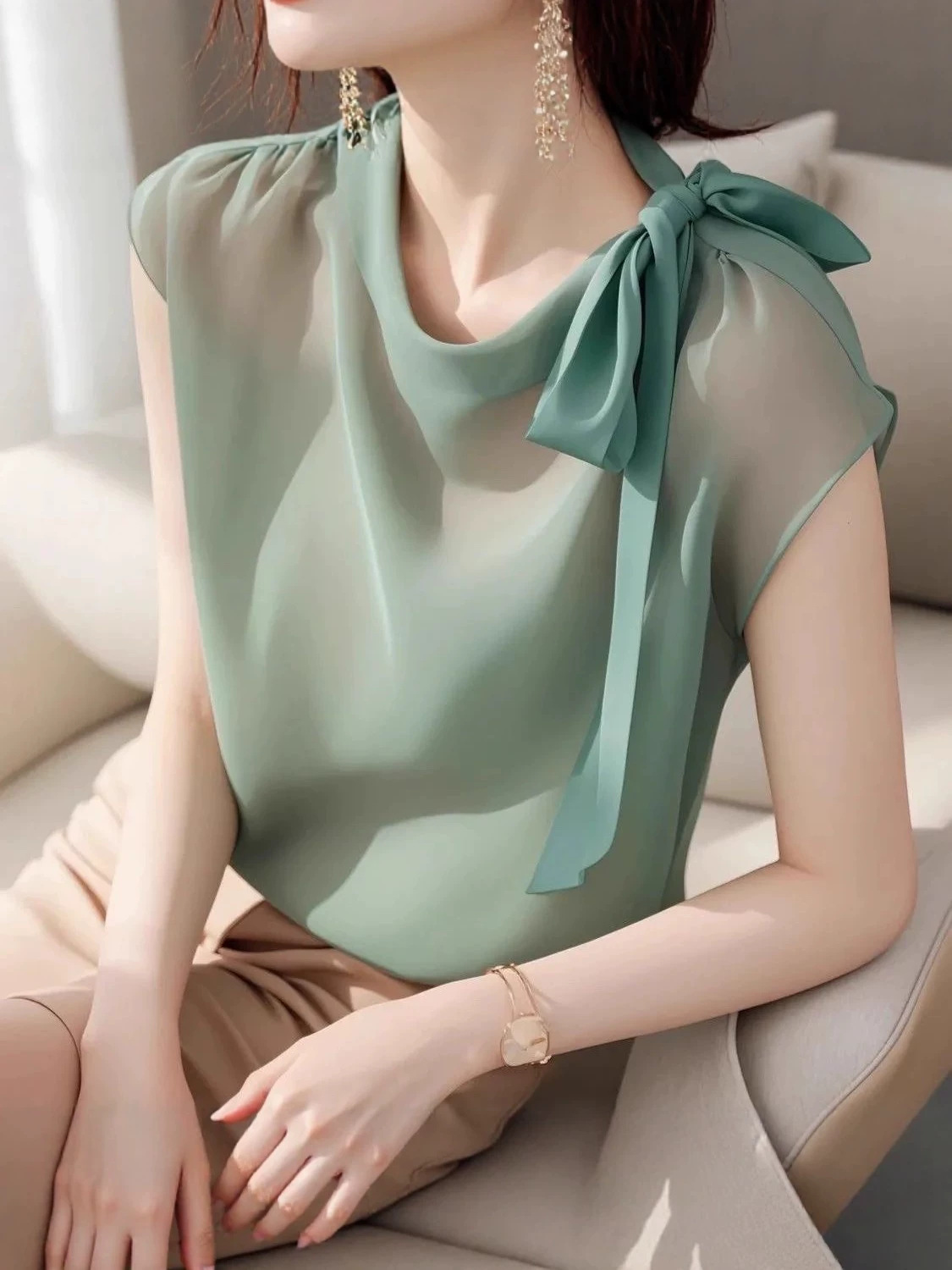 Áo sơ mi lụa nữ tay ngắn cổ nơ bướm kiểu Pháp — xanh lá cây
