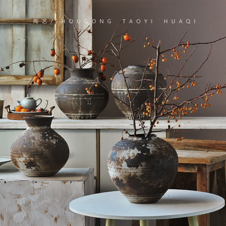 Handmade Coarse Pottery Vase Jingdezhen Old Imitation Unearthed Pottery Retro Wabi-Sabi Style Tea Room Zen Floor-Standing Old Pottery Jar