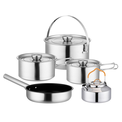 304 stainless steel pot set kitchenware outdoor pot set with storage bag portable kettle frying pan camping cookware